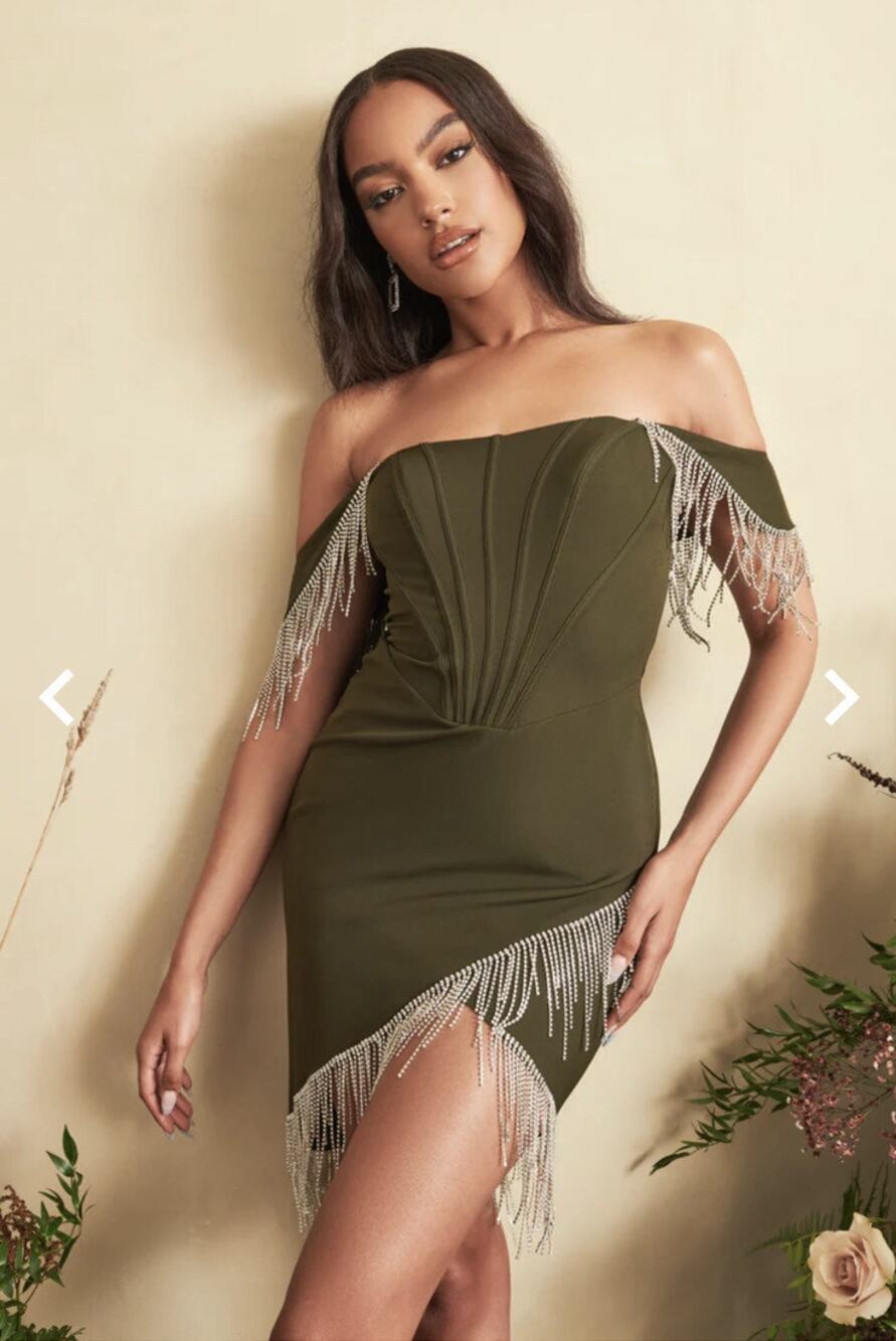 Lavish Alice Bardot Corset Front Gem Tasseled Asymmetrical Olive Mini Dress US 8